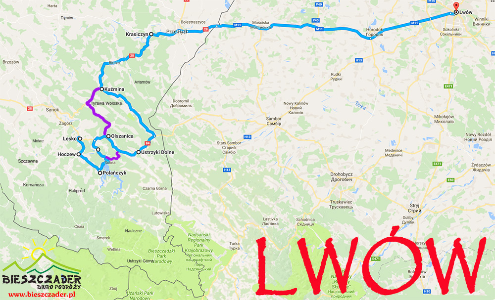 Mapa wycieczki jednodniowej z Bieszczad do Lwowa.