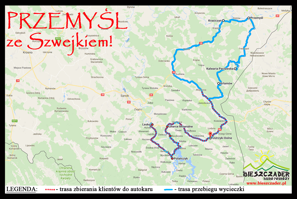 MAPA wycieczki oraz trasa zbierania klientów na wycieczkę 1-dniową PRZEMYŚL ze Szwejkiem! po Pogórzu Przemyskim.