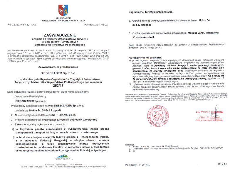 ZAŚWIADCZENIE o wpisie do Rejestru Organizatorów Turystyki Marszałka Województwa Podkarpackiego