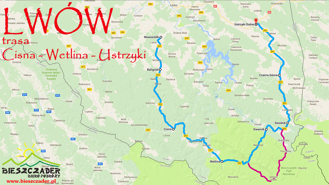 Mapa TRASY PRZEZ GÓRY: Baligród - Cisna - Wetlina - Ustrzyki - Czarna na wycieczkę jednodniową do Lwowa z Bieszczad.