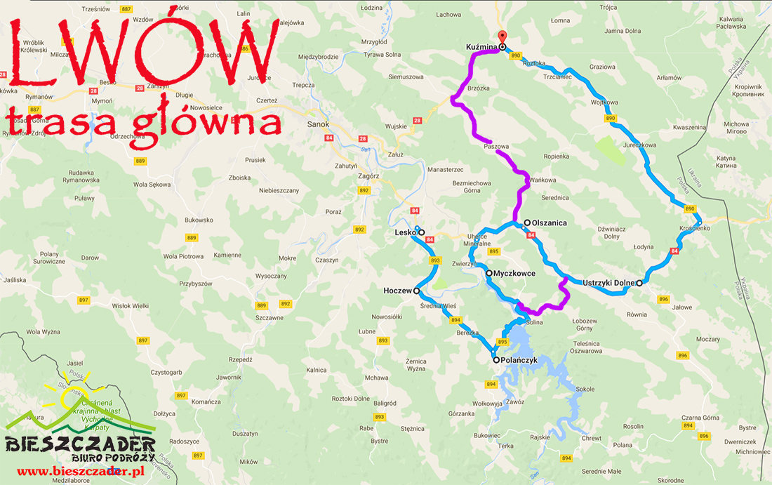 Mapa GŁÓWNEJ TRASY autokaru jadącego na wycieczkę 1-dniową z Bieszczad do Lwowa.