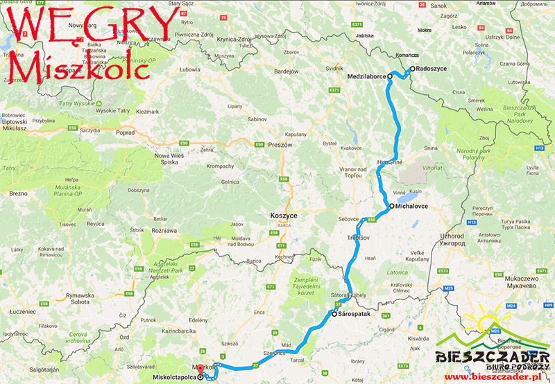Trasa wycieczki jednodniowej z Bieszczad na WĘGRY do Miszkolca przez Słowację.