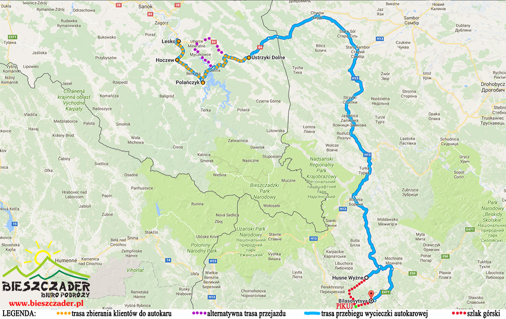 Mapa wycieczki 1-dniowej PIKUJ 1408m w Bieszczady Ukraińskie.