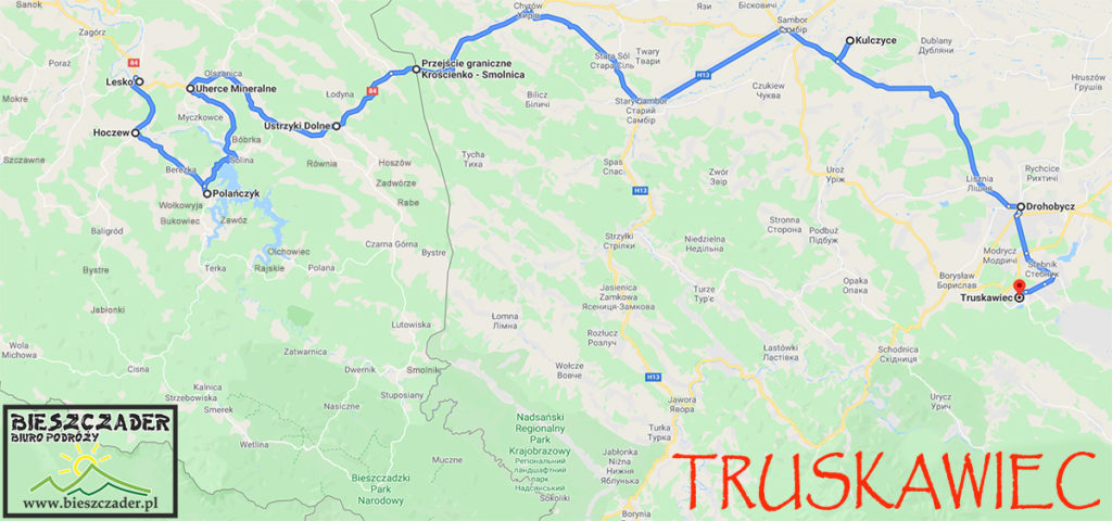 Mapa przedstawiająca trasę przejazdu autokaru na wycieczkę jednodniową z Bieszczad na Ukrainę do uzdrowiska Truskawiec oraz inne atrakcje wycieczki: Kulczyce i Drohobycz.