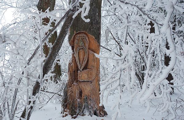 Roch Bojko - rzeźby na szczycie Gór Słonnych zimą w Bieszczadach