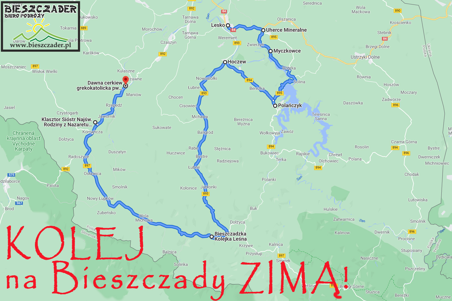 MAPA z atrakcjami wycieczki jednodniowej KOLEJ na Bieszczady ZIMĄ!