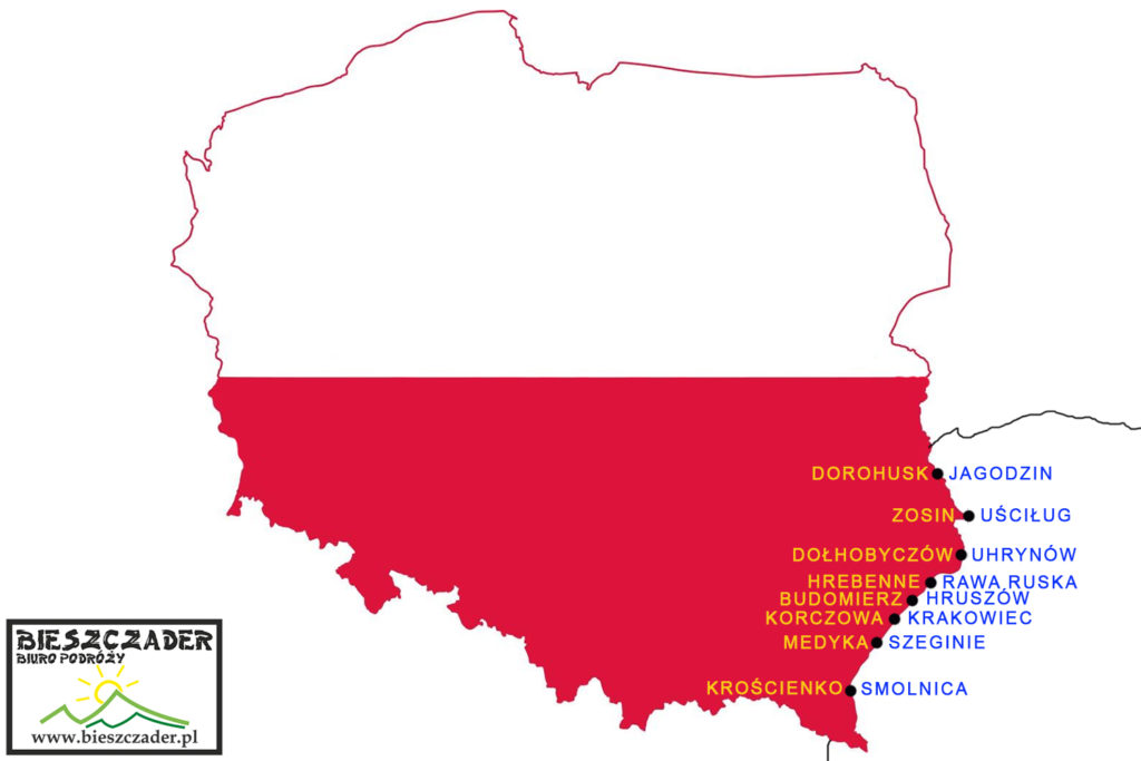 Mapa Polski i przejścia graniczne między Polską, a Ukrainą - miejsca gdzie trzeba pomóc uchodźcom wojennym z Ukrainy.