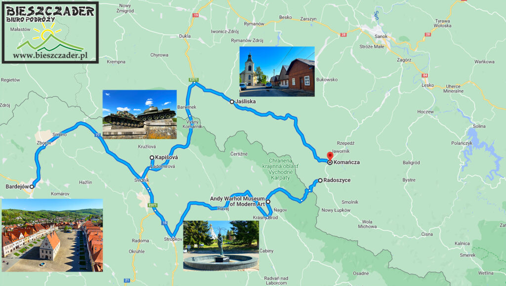 MAPA wycieczki jednodniowej z Bieszczad na Słowację z najciekawszymi atrakcjami: Bardejów, Medzilaborce, Kapisova i Jaśliska