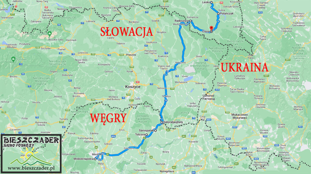 Mapa wycieczki jednodniowej z Bieszczad na Węgry MISZKOLC z basenami termalnymi - degustacją win i atrakcjami