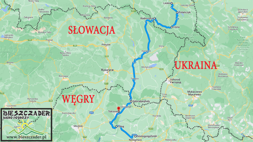Mapa wycieczki jednodniowej z Bieszczad na Węgry TOKAJ z basenami termalnymi, degustacją win i atrakcjami