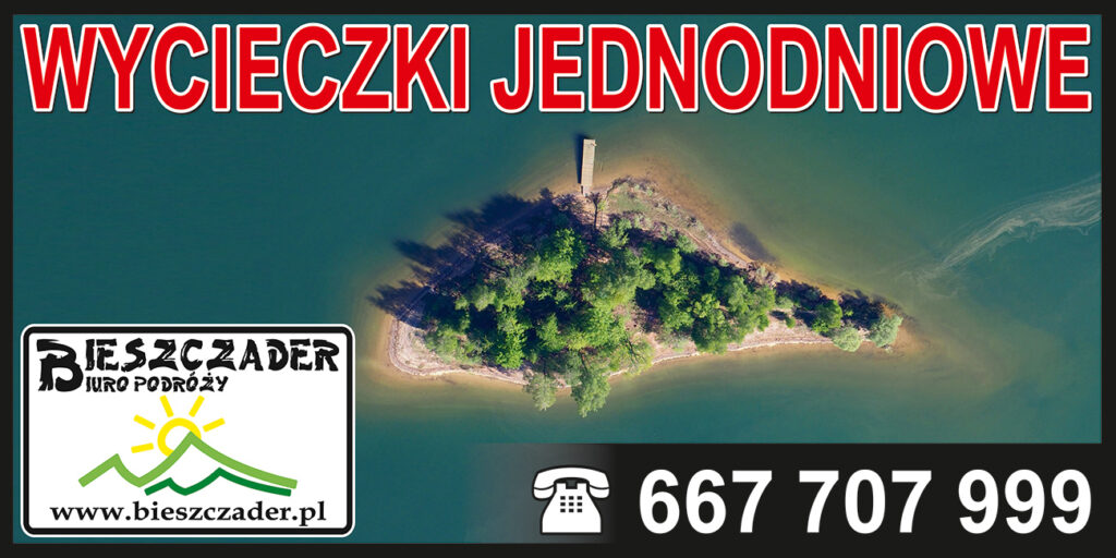 Jedna z reklam przydrożnych Biura Podróży Bieszczader organizującego głównie wycieczki jednodniowe po Bieszczadach.