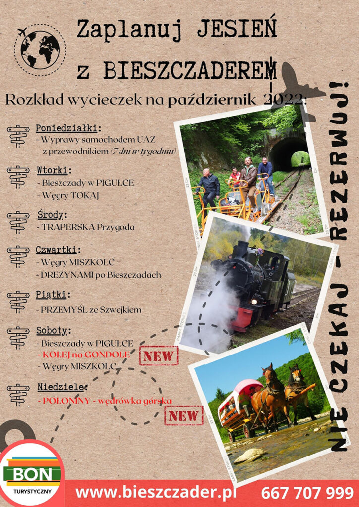 9 niepowtarzalnych WYCIECZEK JEDNODNIOWYCH z najlepszymi atrakcjami w Bieszczadach i w ogóle w Województwie Podkarpackim - plakat na październik 2022