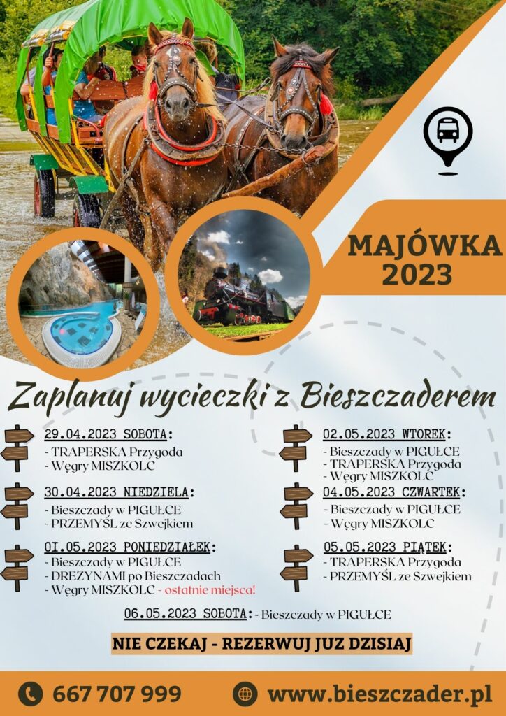 Plakat zapraszający na WYCIECZKI JEDNODNIOWE i atrakcje w Bieszczadach podczas DŁUGIEGO WEEKENDU MAJOWEGO 2023 - dla nocujących w Województwie Podkarpackim.