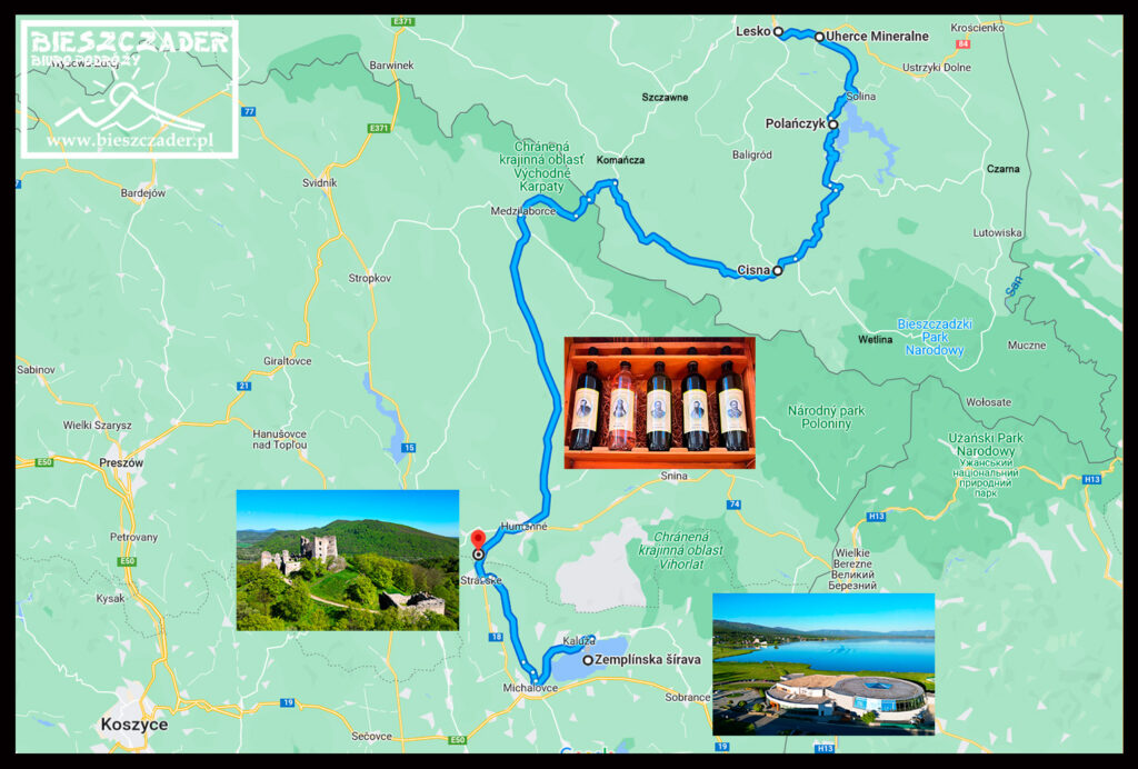 MAPA wycieczki jednodniowej z Bieszczad na Słowację z basenami termalnymi nad jeziorem Zemplinska Sirava, zamkiem Brekov i degustacją win z przewodnikiem