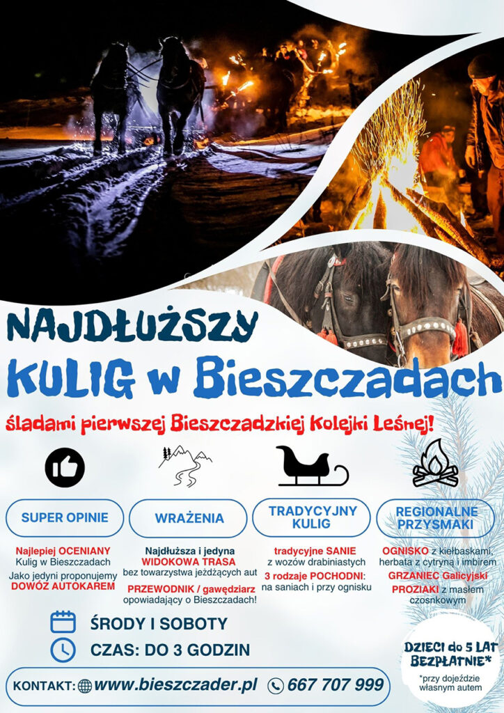 Najdłuższy i najlepszy KULIG w Bieszczadach śladami pierwszej Bieszczadzkiej Kolejki Leśnej - plakat