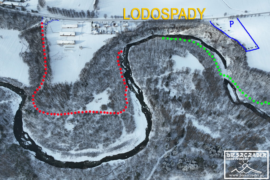 Lodospady w Rudawce Rymanowskiej i 2 różne ścieżki, którymi można dotrzeć do lodospadów w zależności od lodu lub jego brak na rzece Wisłok.